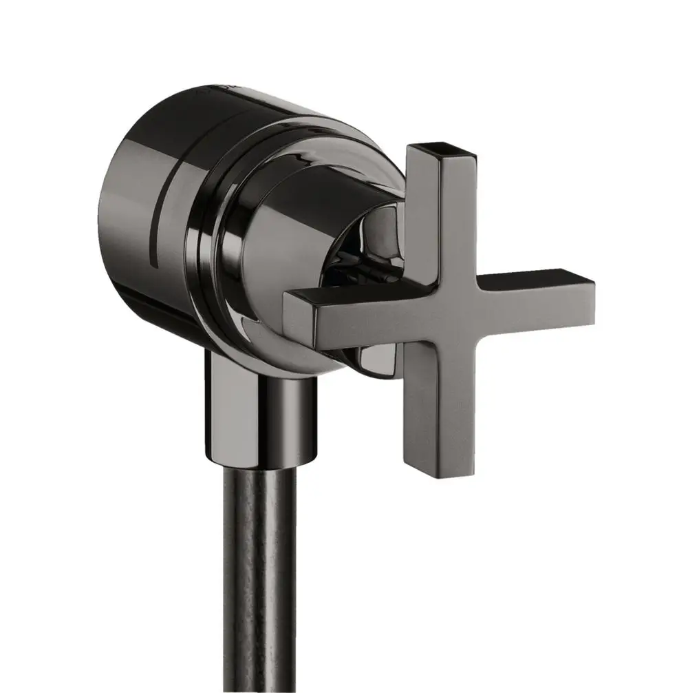 Wandanschluss Stop mit Rückflussverhinderer von AXOR, ausgestattet mit einem Kreuzgriff in Polished Black Chrome, für die Regulierung des Wasserflusses.